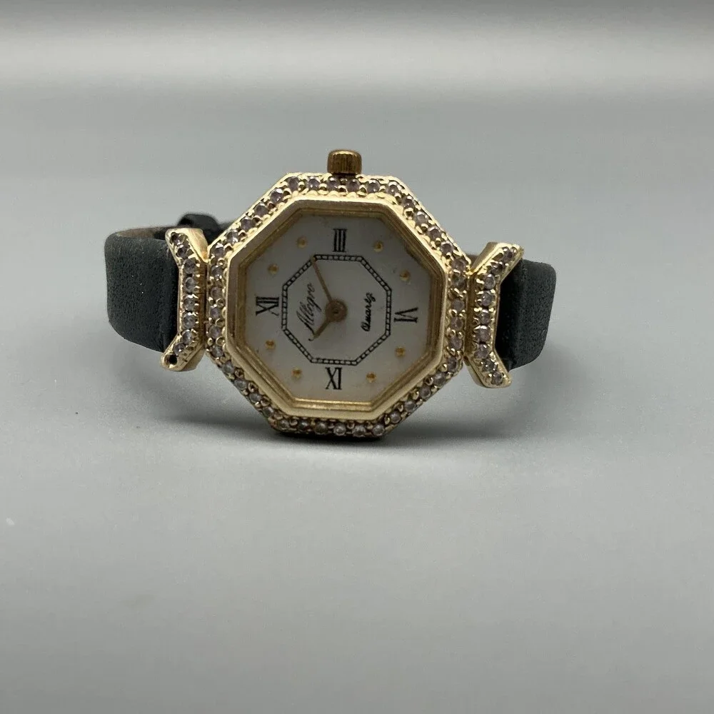 Allegro Womens Watch 22mm White Dial 14K Diamond Bezel Black Leather New Battery